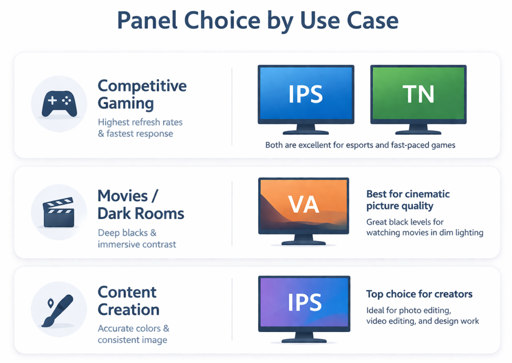 monitor panel choice by use case chart showing IPS and TN for competitive gaming, VA for movies, and IPS for content creation