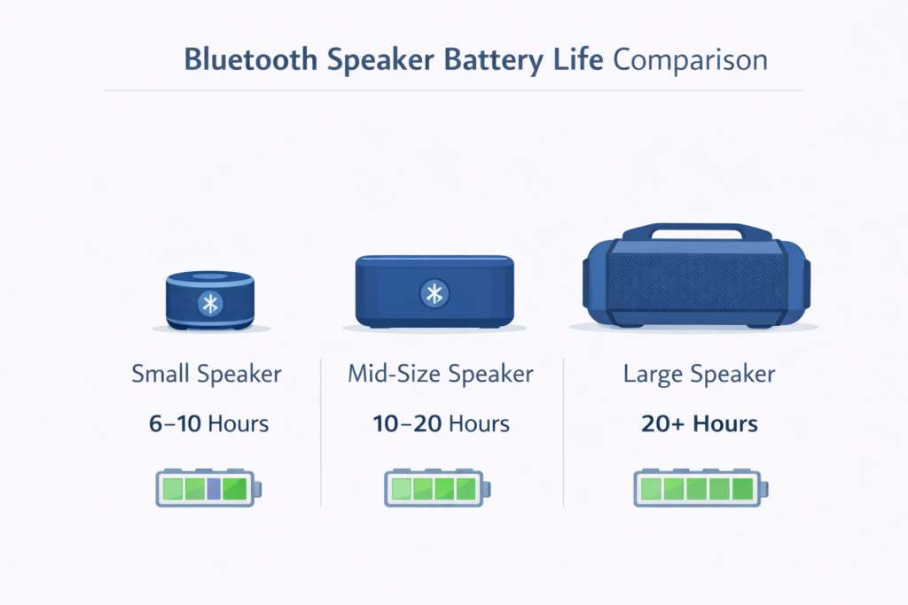 bluetooth speaker battery life comparison infographic showing small medium and large speakers