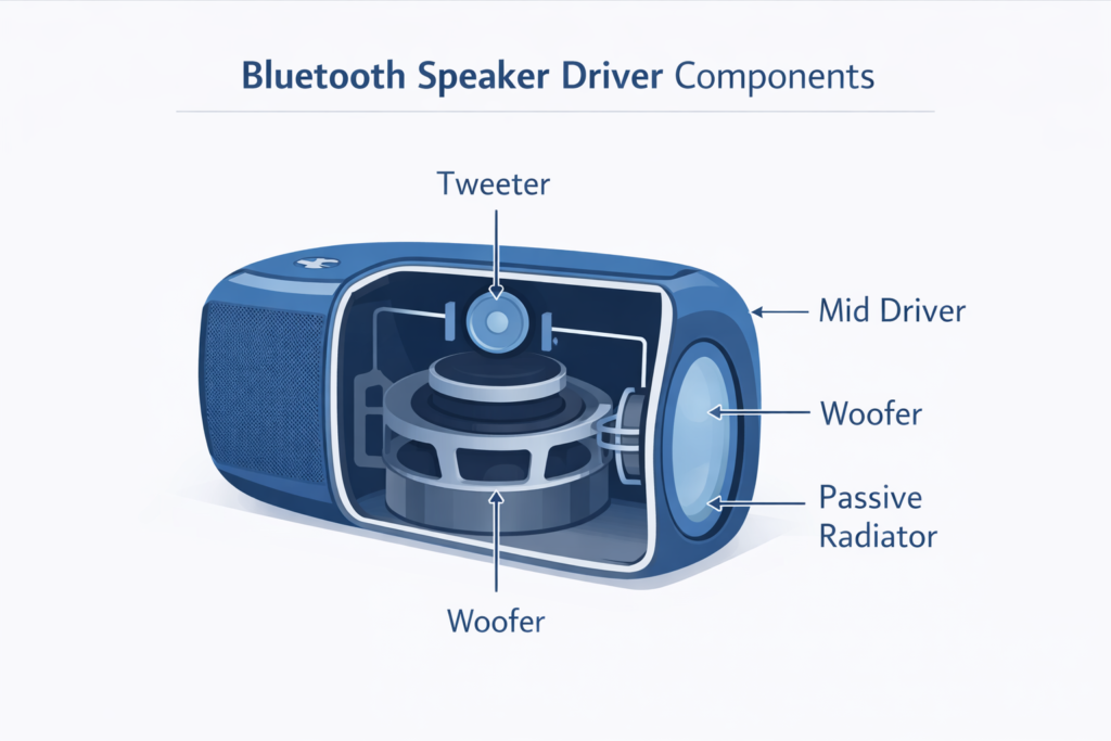 bluetooth speaker driver components diagram showing tweeter, mid driver, woofer, and passive radiator