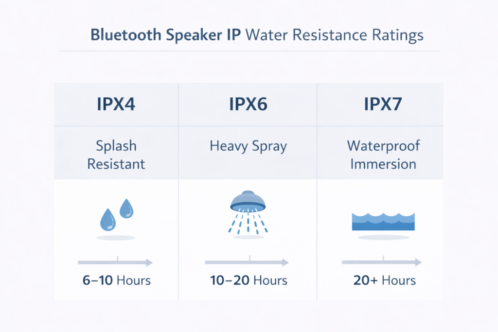 bluetooth speaker IP water resistance ratings chart comparing IPX4, IPX6, and IPX7