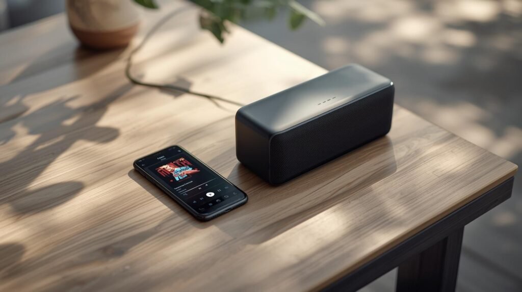smartphone connected to portable bluetooth speaker playing music
