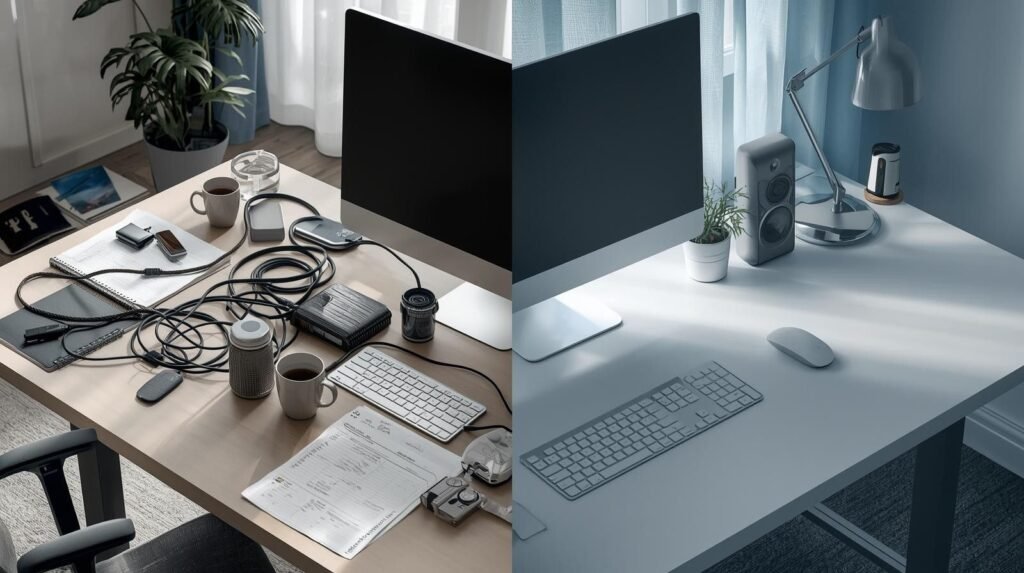 clean desk setup vs cluttered workspace comparison