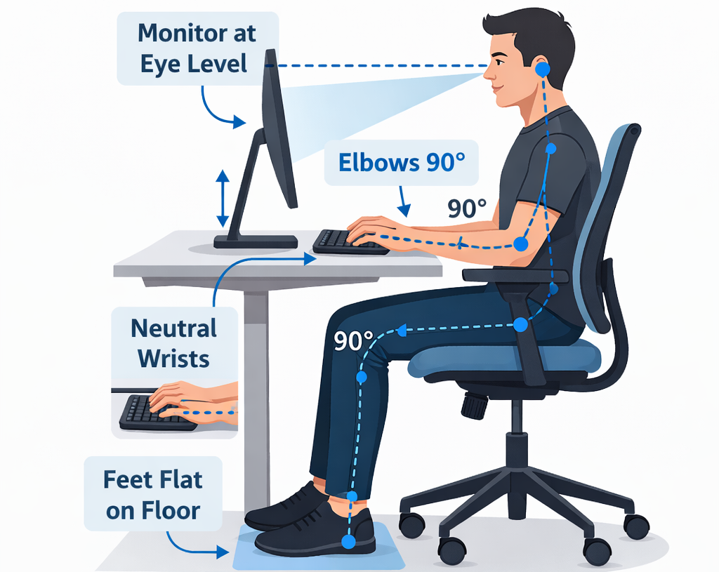 desk ergonomics diagram monitor eye level elbows 90 degrees