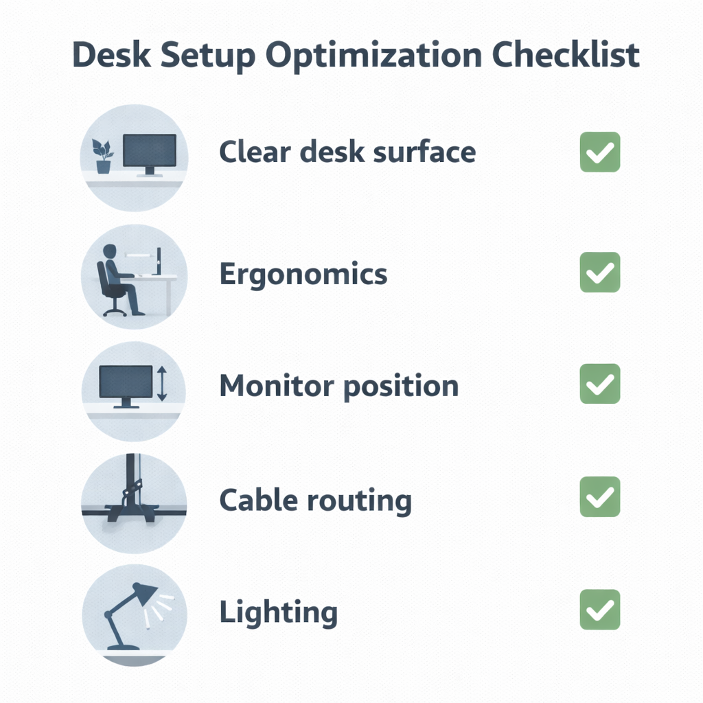desk setup optimization checklist infographic