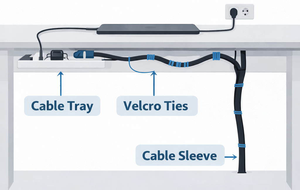 under desk cable management tray routing diagram