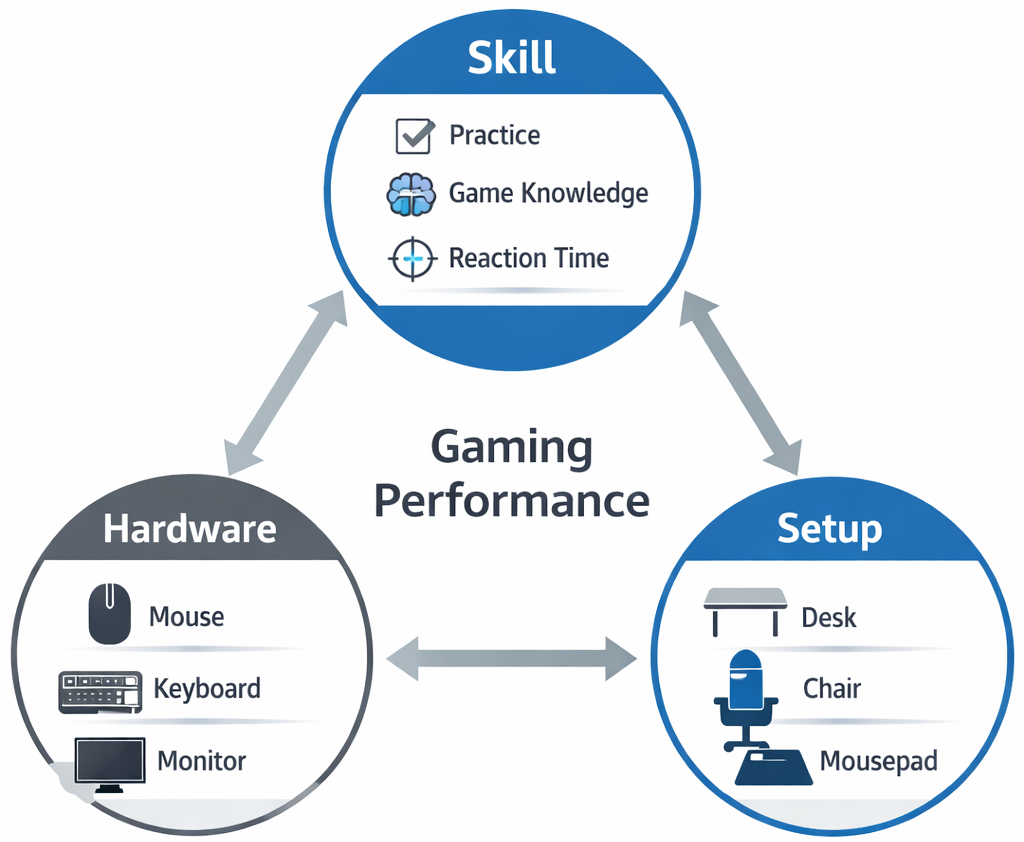 diagram showing gaming performance factors including skill, hardware, and setup