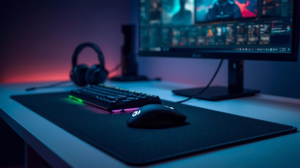 gaming desk setup with monitor, mechanical keyboard, gaming mouse, and headset with RGB lighting