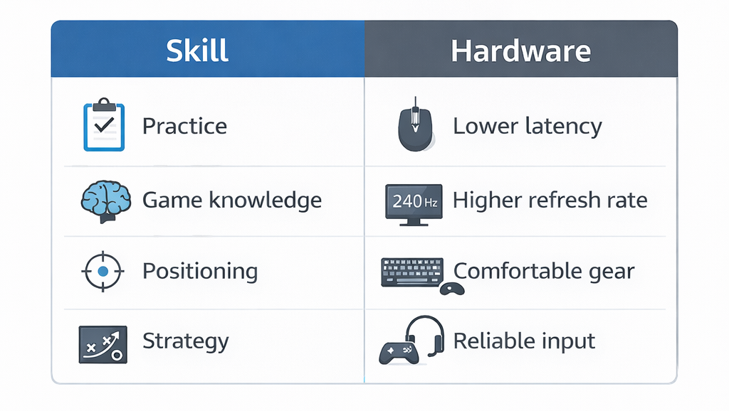 infographic comparing gaming skill factors vs hardware factors affecting performance
