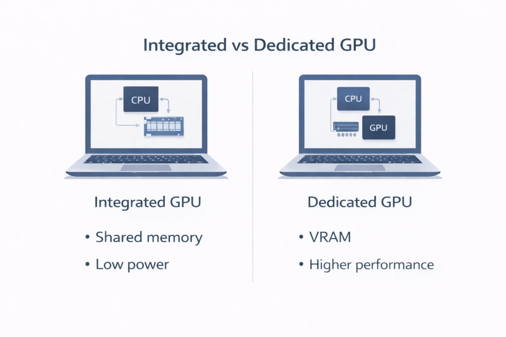 integrated vs dedicated gpu laptop graphics comparison diagram showing shared memory vs vram