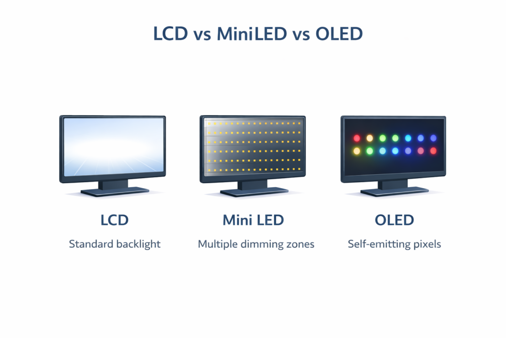LCD vs Mini LED vs OLED display comparison showing standard backlight, multiple dimming zones, and self-emitting pixels