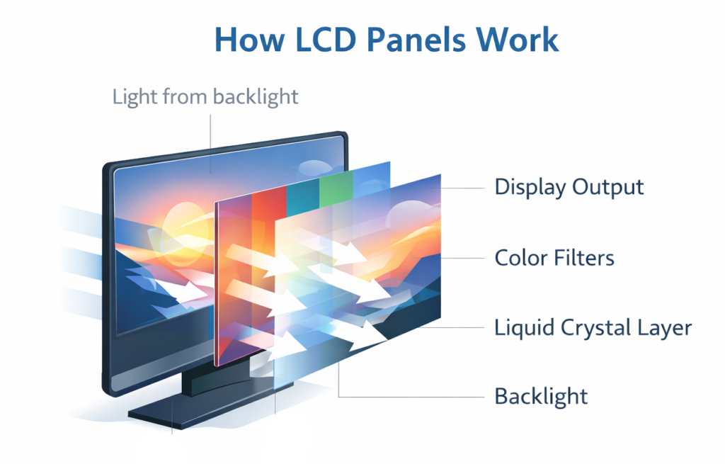 diagram explaining how LCD display panels work with backlight, liquid crystal layer, and color filters