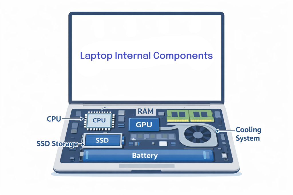 laptop internal components cpu gpu ram ssd storage battery cooling diagram