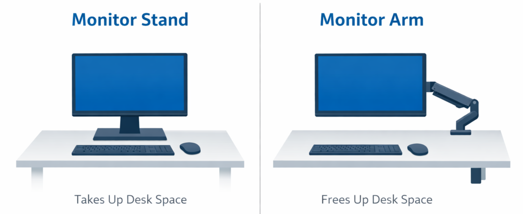 monitor arm vs stand desk space comparison