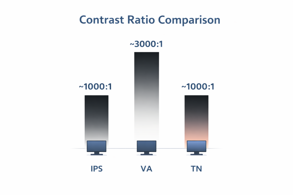 monitor panel contrast ratio comparison showing IPS ~1000:1, VA ~3000:1, and TN ~1000:1