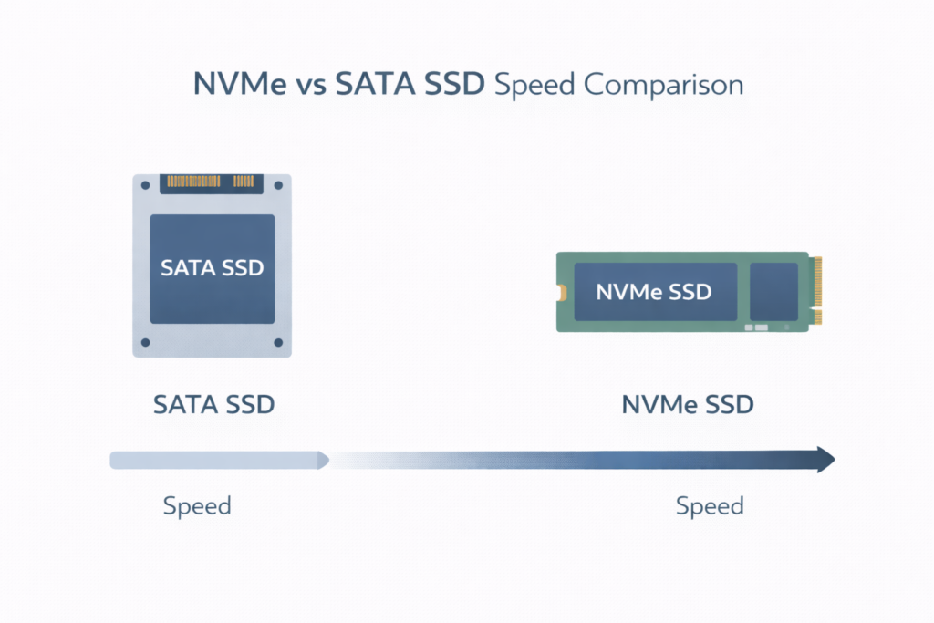 nvme vs sata ssd speed comparison laptop storage infographic