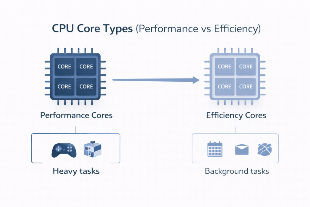 performance cores vs efficiency cores laptop cpu hybrid architecture diagram