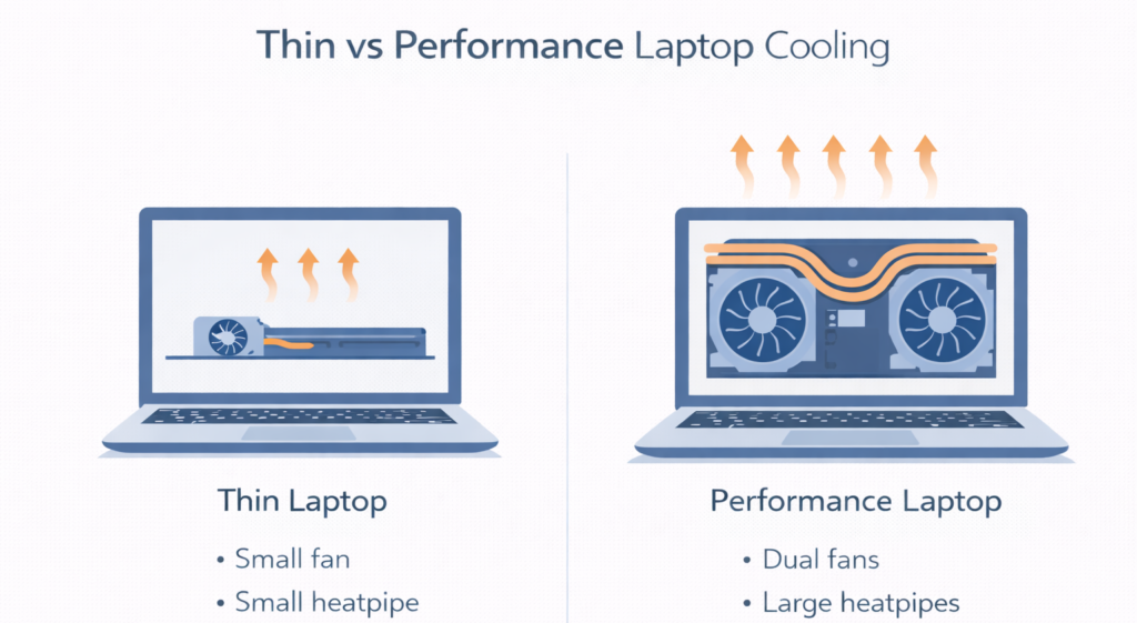 thin laptop vs performance laptop cooling system comparison diagram showing heat pipes and fans