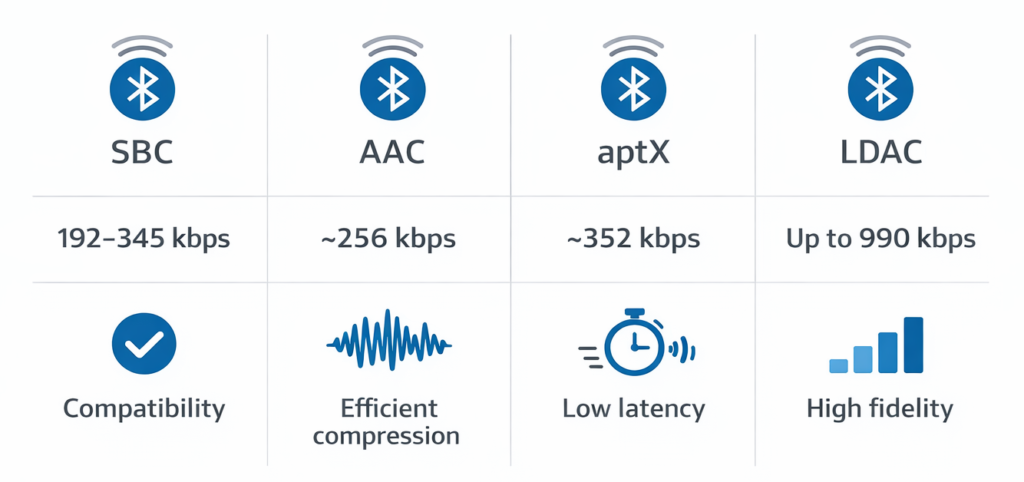 bluetooth audio codec comparison sbc aac aptx ldac chart