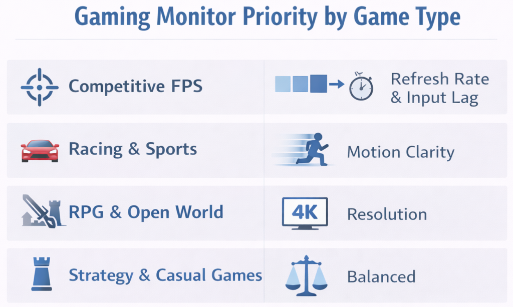 gaming monitor priorities by game genre chart refresh rate motion clarity resolution