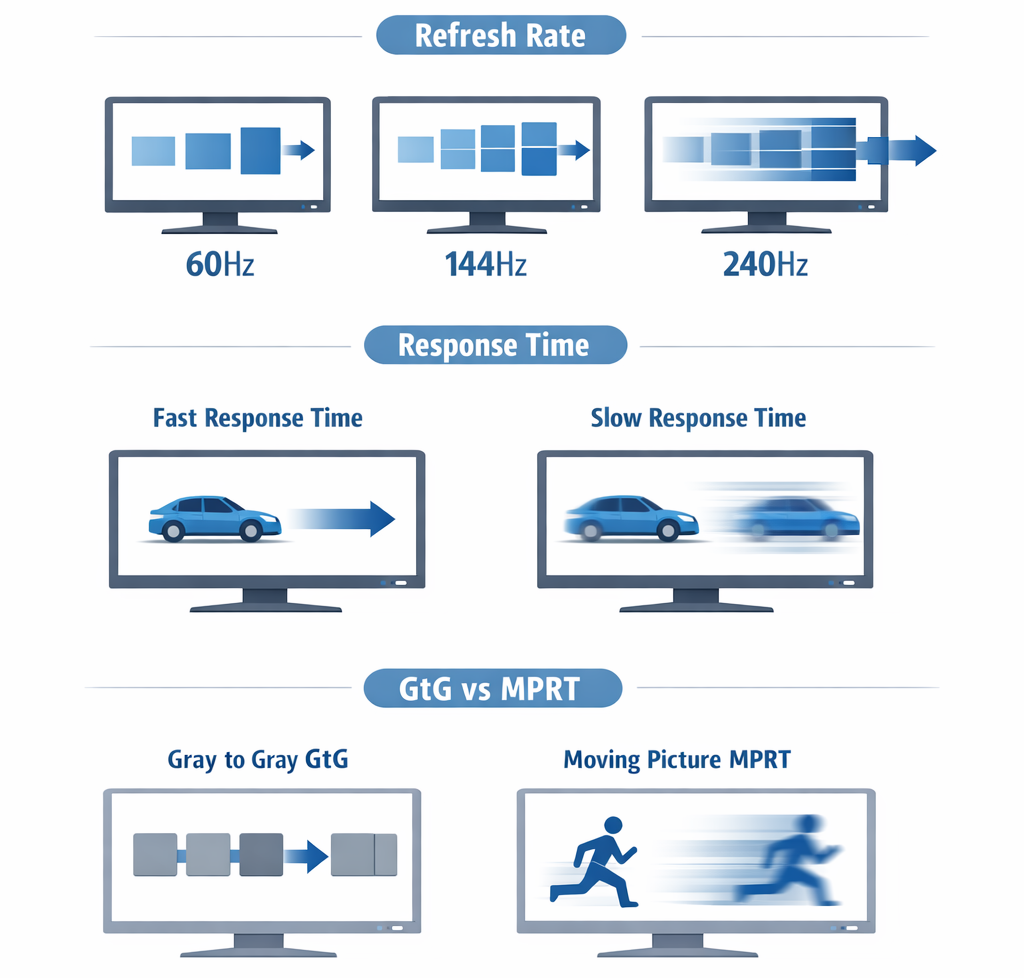 refresh rate vs response time gaming monitor explanation diagram showing 60hz 144hz 240hz ghosting and gtg vs mprt