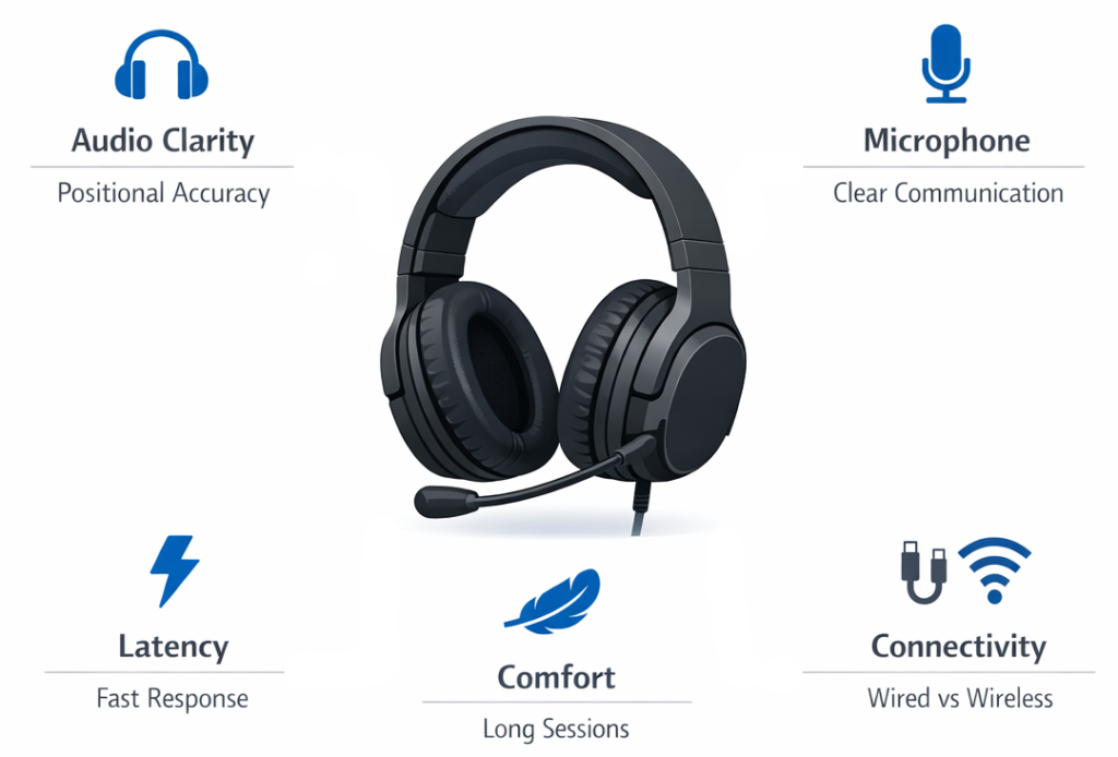 gaming headset features diagram audio mic comfort latency connectivity