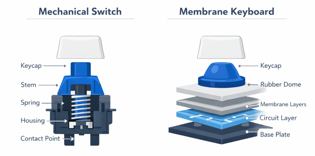 mechanical vs membrane keyboard internal structure diagram