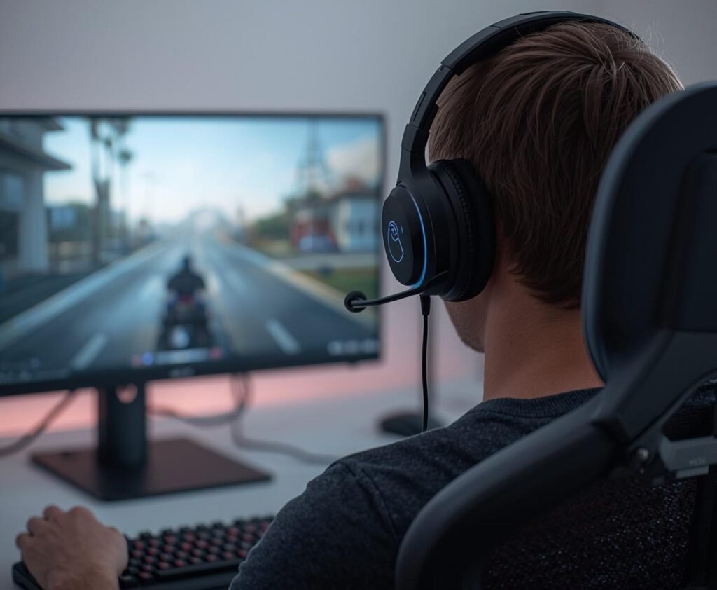 person wearing gaming headset while playing on a desktop setup