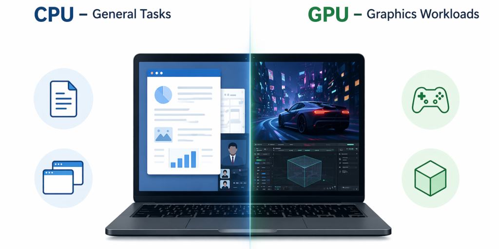 CPU vs GPU roles in a laptop with general tasks on the left and graphics workloads on the right