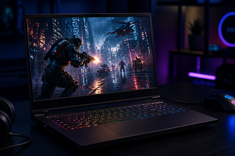 Gaming laptop displaying a high-performance action scene with smooth visuals and detailed graphics in a dark RGB-lit environment