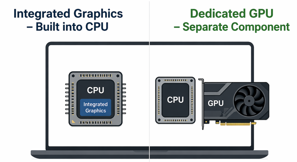 Comparison of integrated graphics and dedicated GPU in a laptop, showing integrated graphics built into the CPU and a separate dedicated graphics card