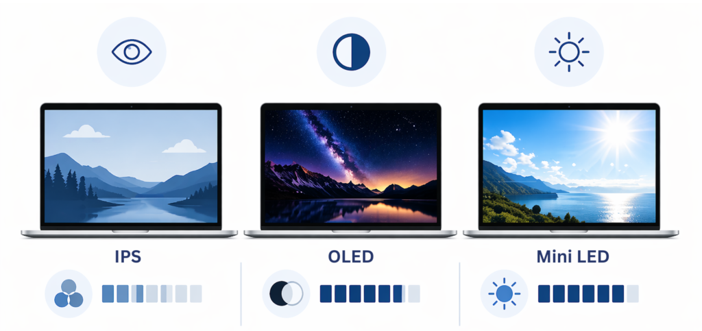 infographic comparing laptop display types showing balanced color contrast and brightness differences