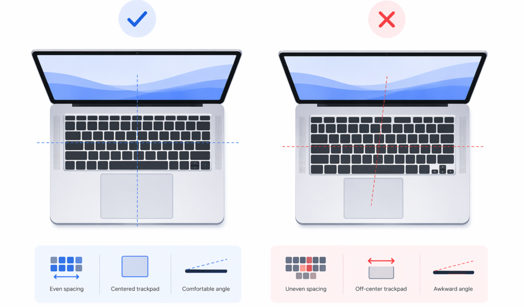 infographic comparing well-aligned vs misaligned laptop keyboard and trackpad layouts with spacing and ergonomics differences