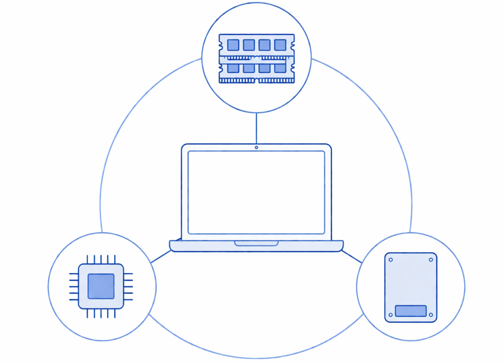 illustration showing laptop performance as a balance between RAM, CPU, and storage