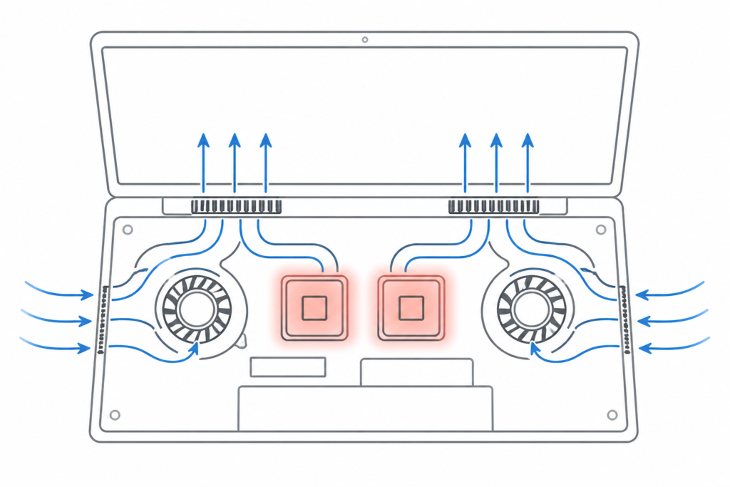 Laptop cooling airflow diagram showing heat zones around CPU and GPU with airflow through fans