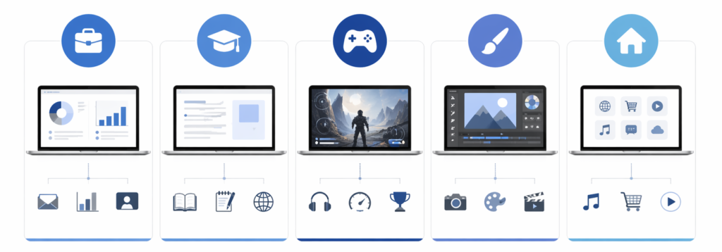 infographic showing laptop use cases including work school gaming creative and everyday use