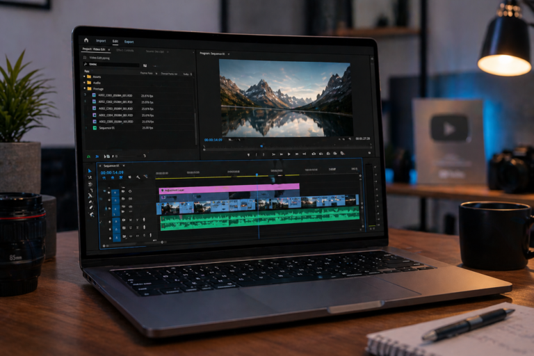 Laptop showing video editing software timeline and preview window in a modern workspace setup