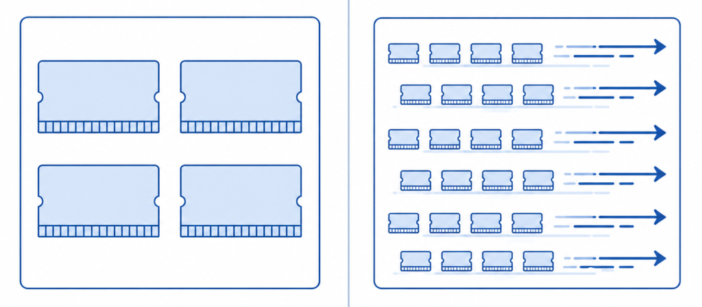 illustration comparing RAM capacity as larger memory blocks and RAM speed as fast data movement