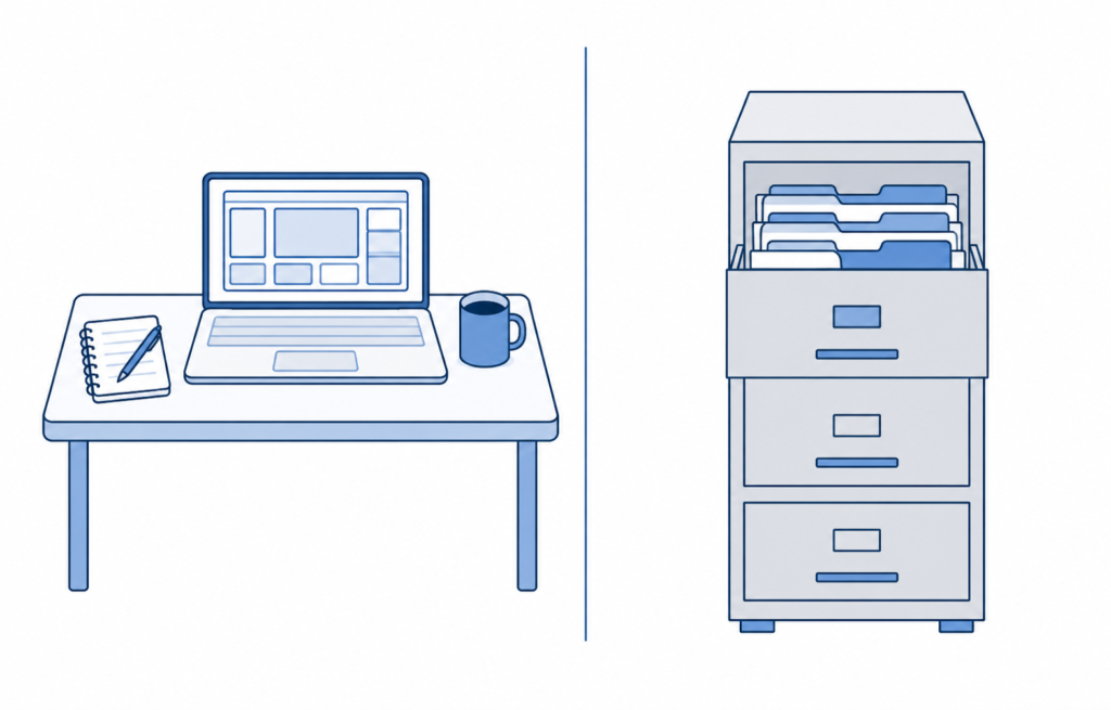 illustration comparing RAM as active workspace and storage as organized file cabinet