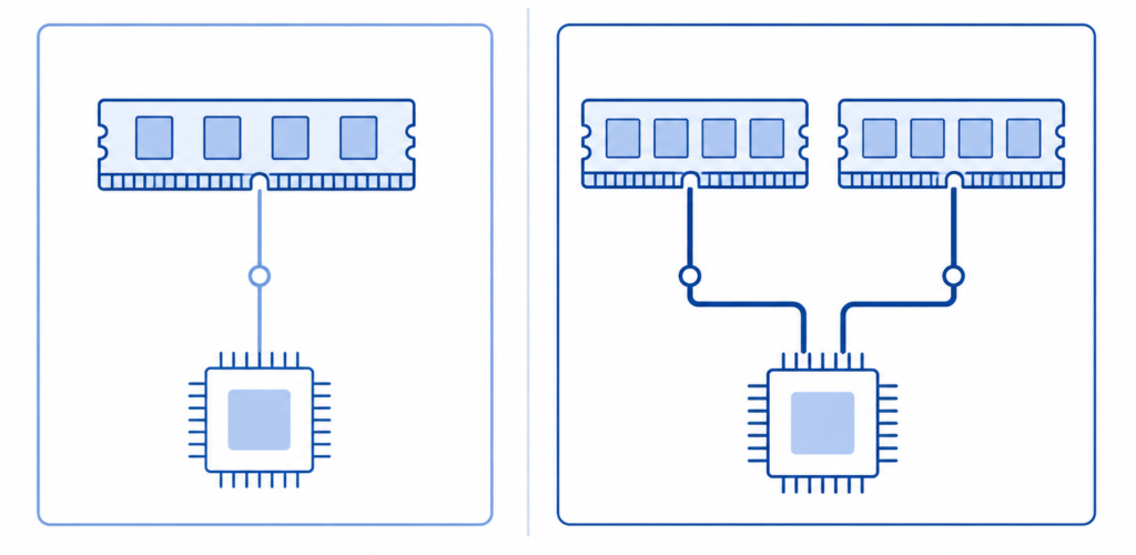 illustration comparing single channel and dual channel RAM showing data flow to CPU