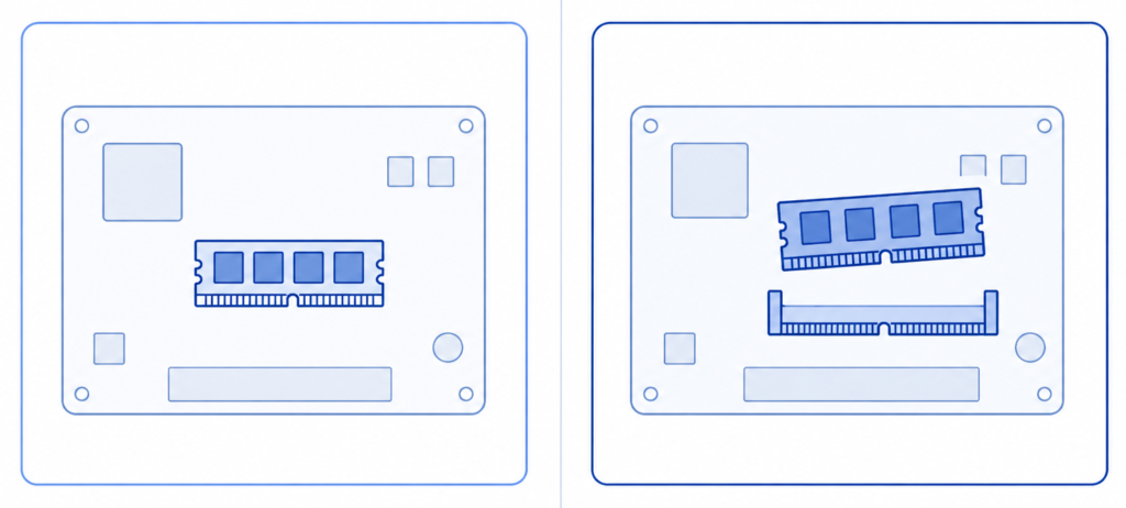 illustration comparing soldered RAM fixed to motherboard and removable upgradeable RAM stick