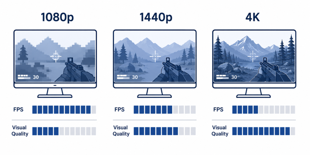 Infographic comparing 1080p, 1440p, and 4K gaming performance with FPS and visual quality differences
