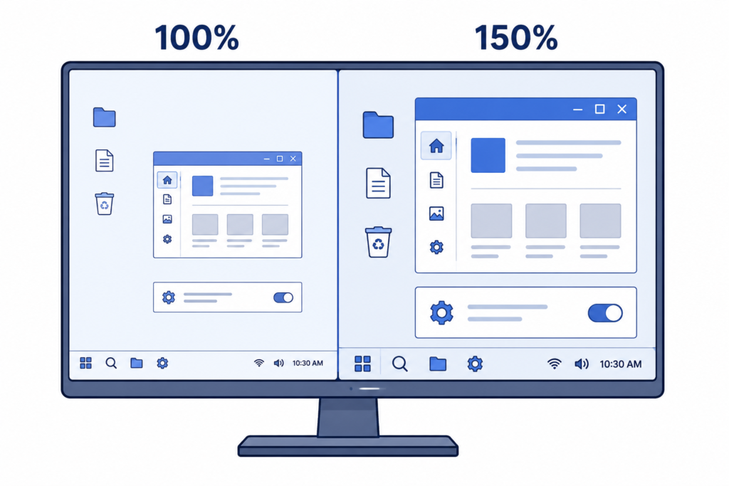 Infographic comparing 100 percent and 150 percent display scaling on a 4K monitor with different interface sizes and readability