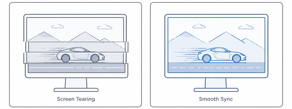 Minimal infographic comparing screen tearing and smooth synchronized motion on a monitor display