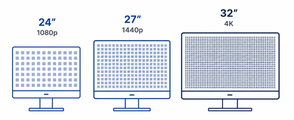 Infographic showing recommended monitor resolutions by screen size including 24-inch 1080p, 27-inch 1440p, and 32-inch 4K displays