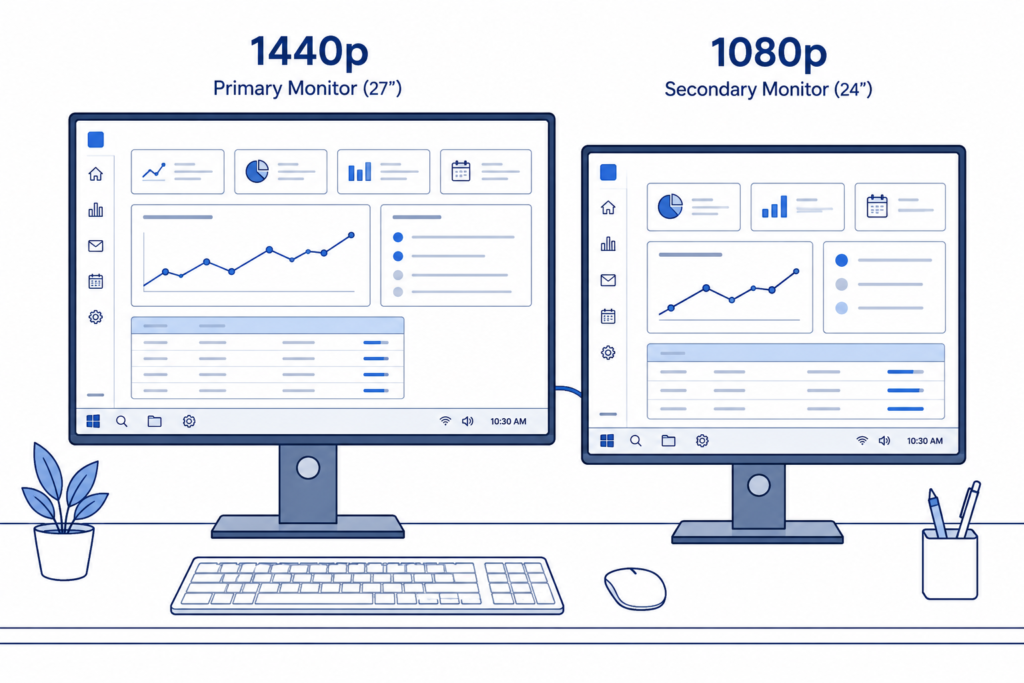 Infographic showing a dual-monitor setup with a 1440p primary display and 1080p secondary display with different workspace density and scaling