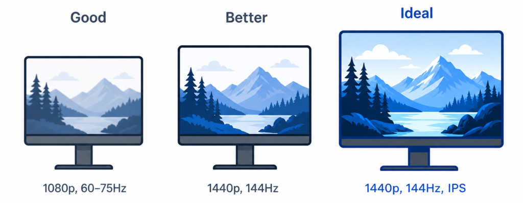 gaming monitor comparison showing good better and ideal setups with resolution refresh rate and panel differences