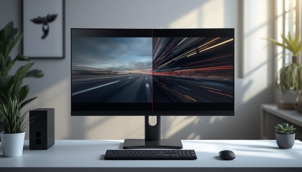 High refresh rate monitor comparison showing smooth motion versus motion blur on a standard display