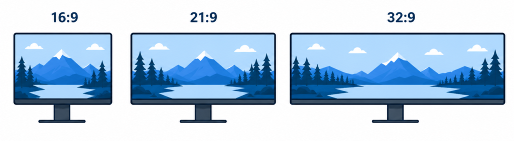 comparison of monitor aspect ratios showing 16:9 vs 21:9 vs 32:9 with wider screens displaying more horizontal content