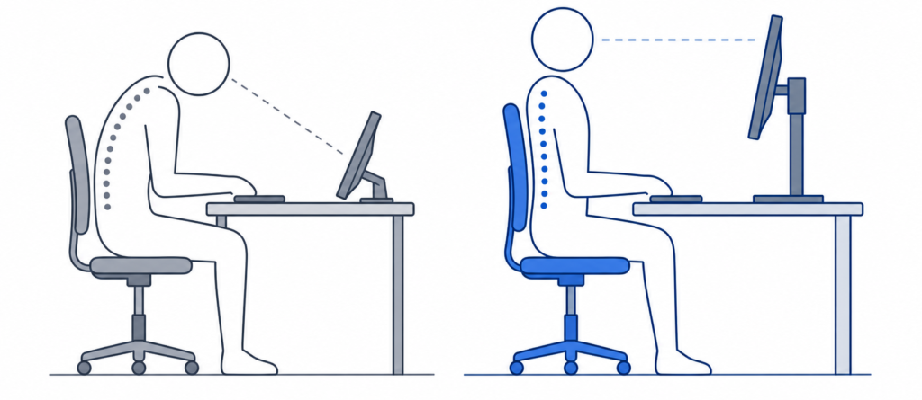 comparison of poor and proper monitor ergonomics showing correct posture screen height and viewing position
