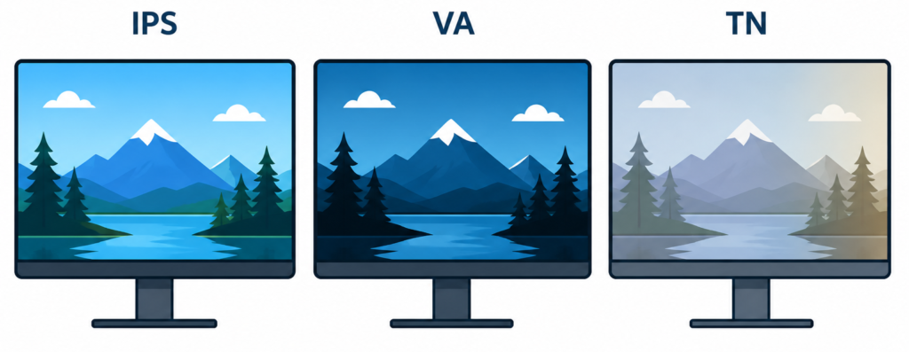 comparison of monitor panel types showing ips vs va vs tn differences in color contrast and viewing angles